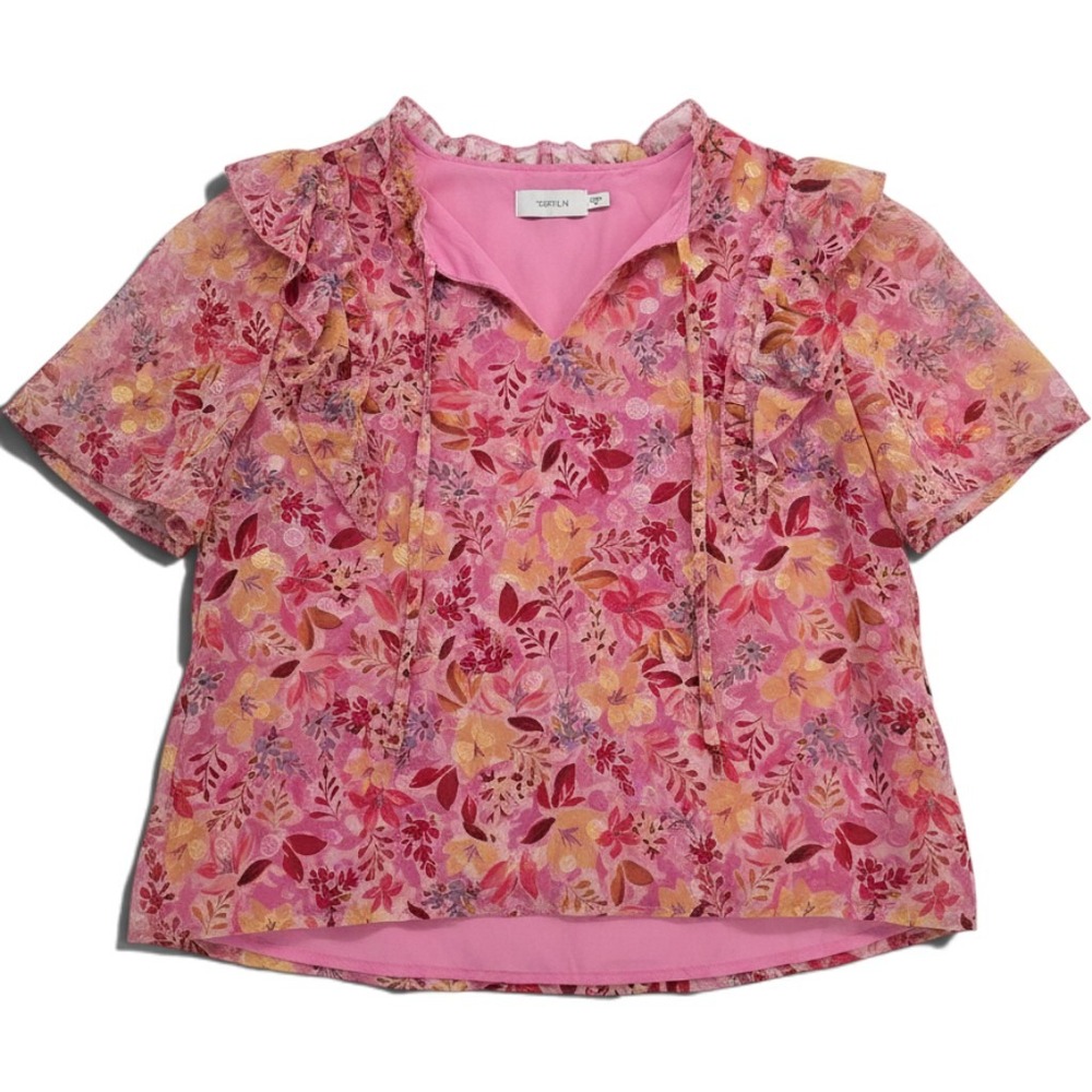 Greylin Blouse Womens L G221T6525 Pink Floral Ruffle Short Sleeve NEW